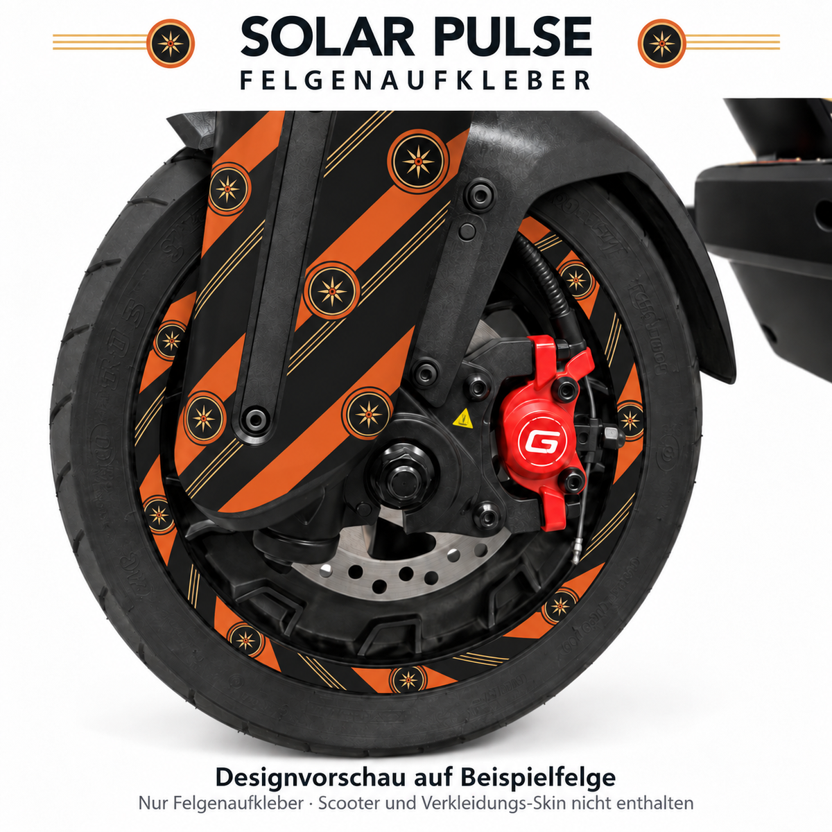 Solar Pulse Felgenaufkleber in Orange, Sand und Anthrazit mit Sonnenemblemen – Designvorschau auf Beispielfelge. Nur Felgenaufkleber; Scooter und Verkleidungs-Skin nicht enthalten.