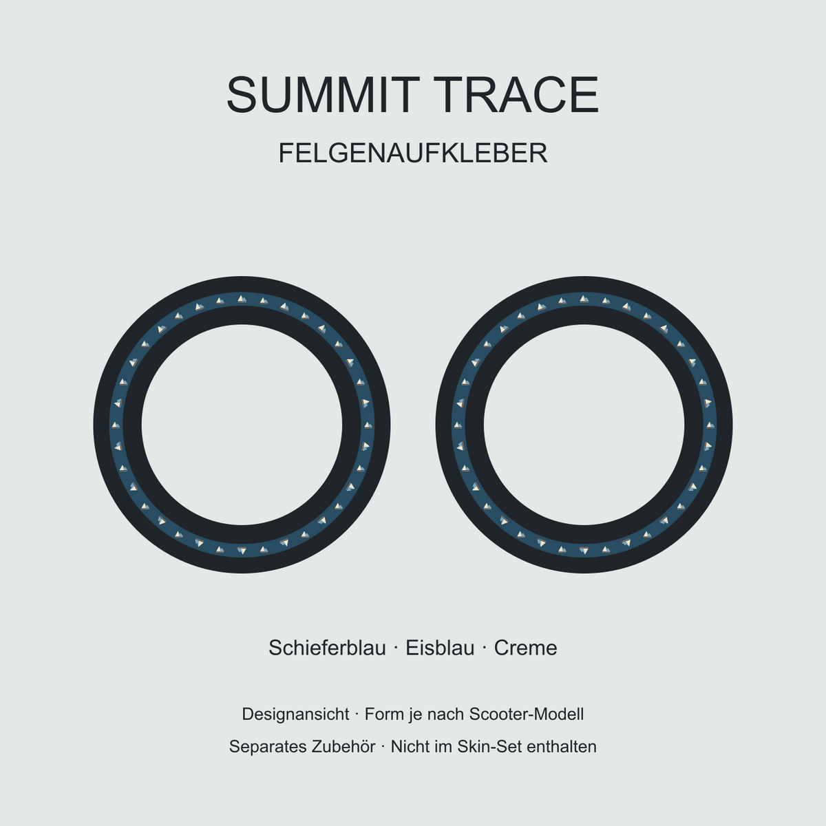 Summit Trace Felgenaufkleber – kleine Bergmotive in Creme und Eisblau auf Schieferblau. Separates Zubehör.