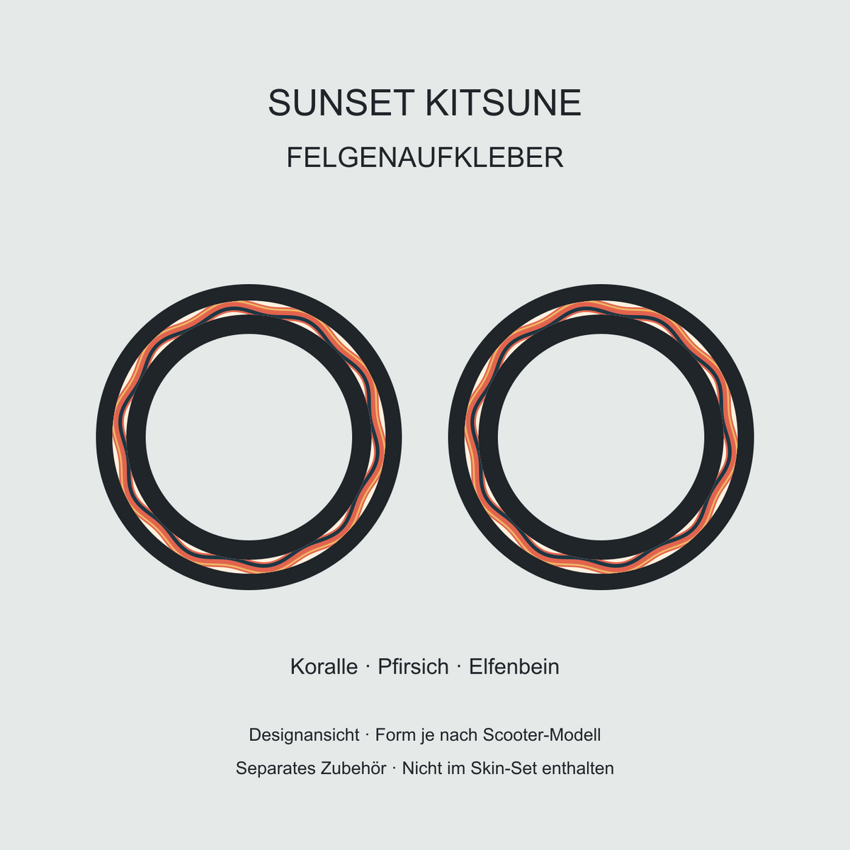 Sunset Kitsune Felgenaufkleber in Koralle, Pfirsich und Elfenbein – separates Zubehör.