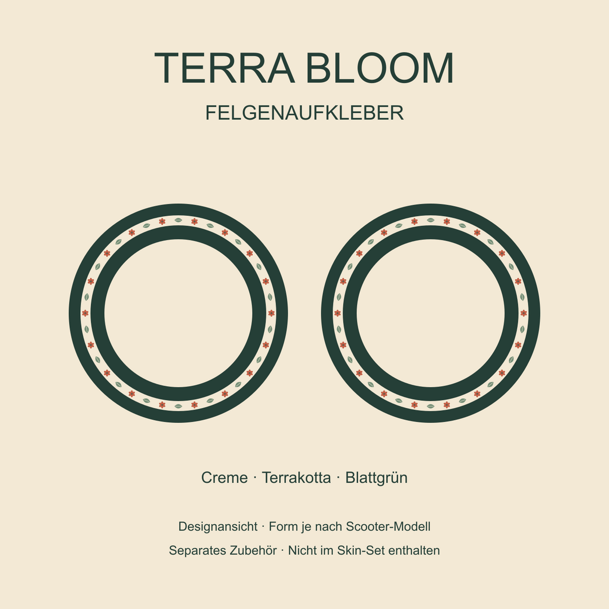 Terra Bloom Felgenaufkleber – cremefarbene Bögen mit kleinen Terrakottablüten und grünen Blättern