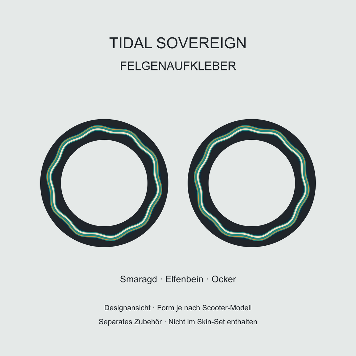 Tidal Sovereign Felgenaufkleber: smaragdgrüne Wellenbänder mit Elfenbein und Ocker. Separates Zubehör, nicht im Skin-Set enthalten.