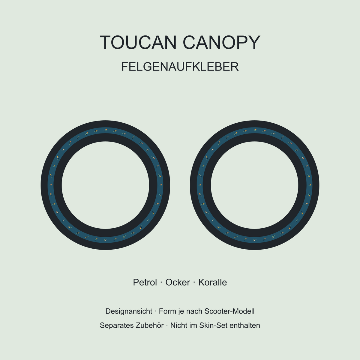 Toucan Canopy Felgenaufkleber in Petrol mit kleinen Tukanmotiven; separates Zubehör, nicht im Skin-Set enthalten.