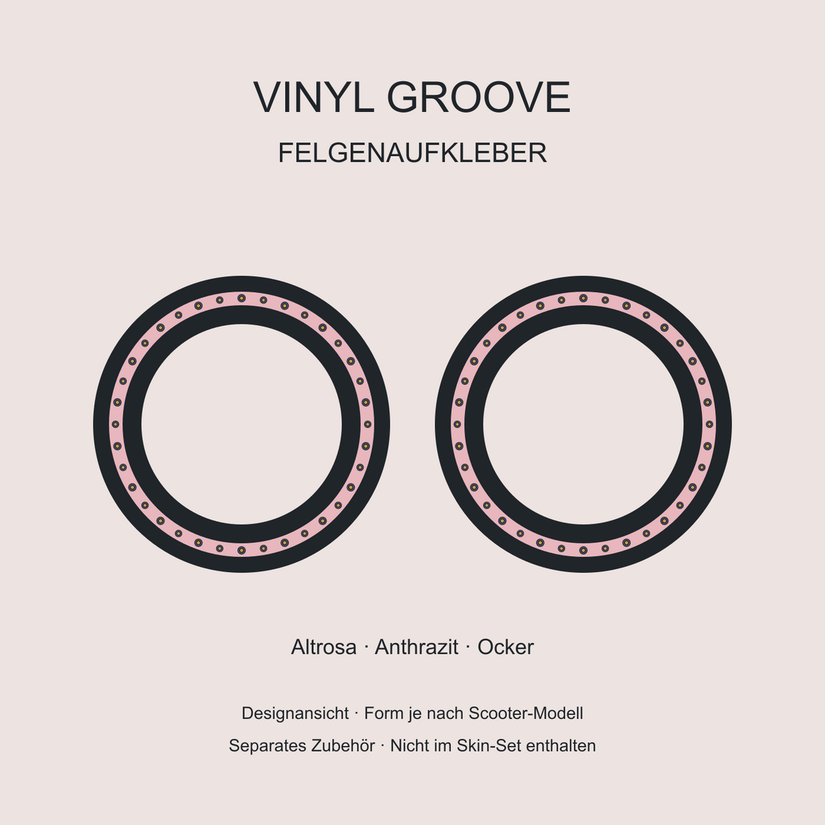 Vinyl Groove Felgenaufkleber in Altrosa mit kleinen Schallplatten; separates Zubehör, nicht im Skin-Set enthalten.