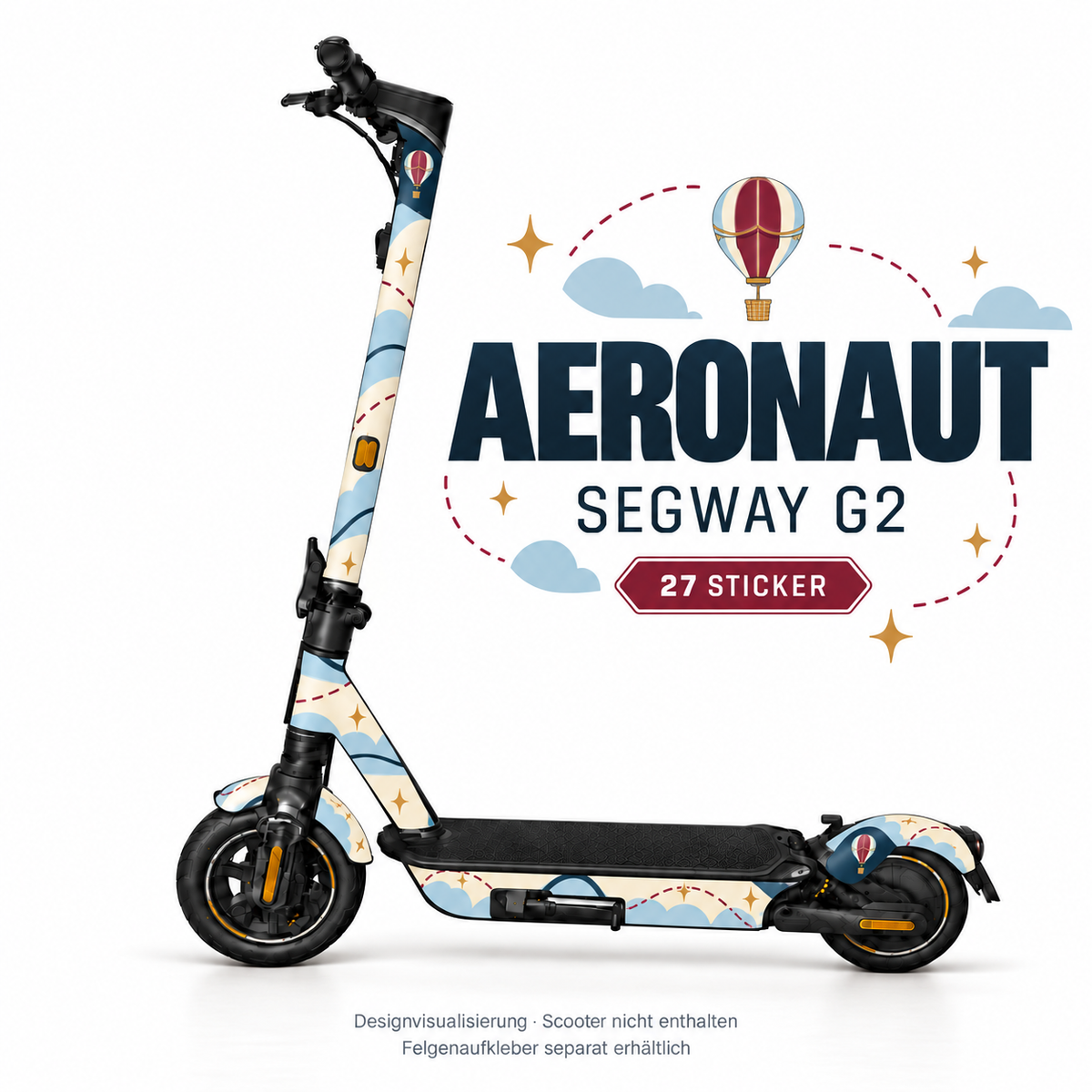 AERONAUT Skin am Segway Ninebot G2 MAX – Designvisualisierung, Felgenaufkleber separat