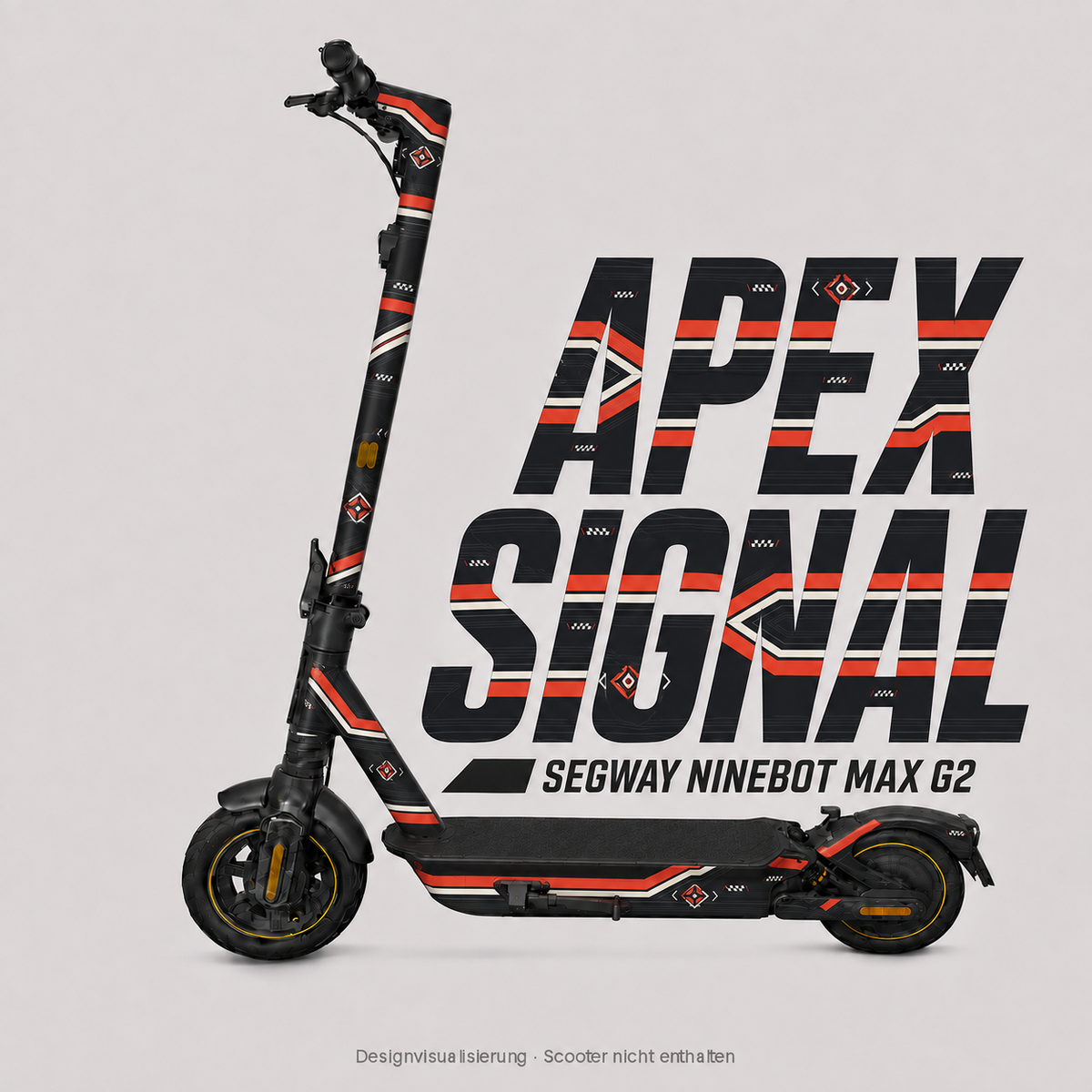 APEX SIGNAL Skin für Segway Ninebot MAX G2 – Graphit mit korallroten und warmweißen Racing-Streifen, Signal-Emblem und Schachbrettdetails. Digitale Designvisualisierung; Scooter nicht enthalten.
