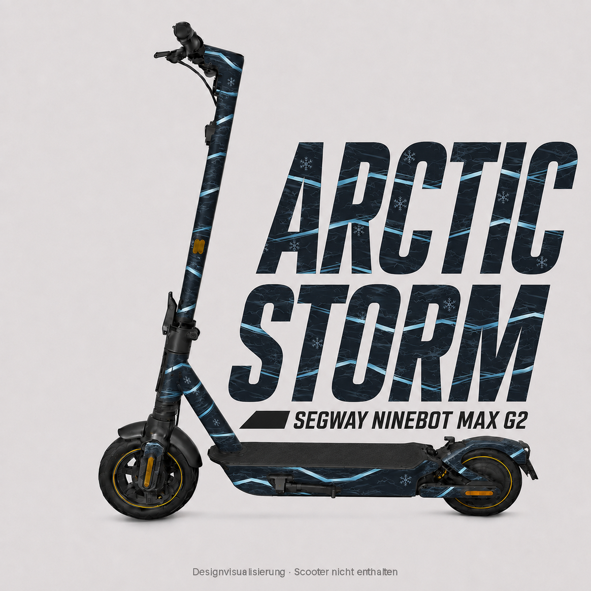 ARCTIC STORM Skin in Anthrazit und Eisblau mit Bruchlinien und Schneekristallen für Segway Ninebot MAX G2 – digitale Designvisualisierung; Scooter und originale Trittmatte nicht enthalten