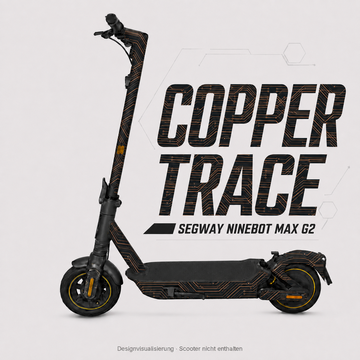COPPER TRACE Skin in Anthrazit mit kupferfarbenen Leiterbahnen für Segway Ninebot MAX G2 – digitale Designvisualisierung; Scooter und Trittmatte nicht enthalten
