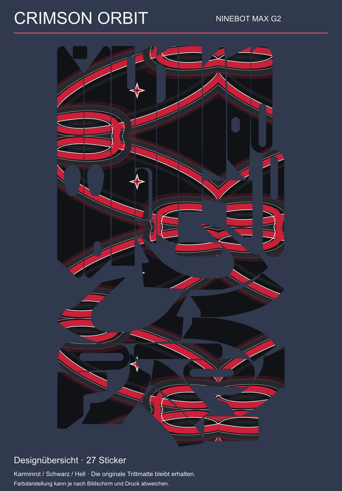 CRIMSON ORBIT für NINEBOT MAX G2 – Designübersicht der 27 tatsächlichen Skin-Teile; originale Trittmatte bleibt erhalten.