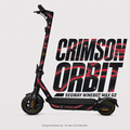 CRIMSON ORBIT Skin für Segway Ninebot MAX G2 – karminrote Bögen, helle Konturen und eigenes Orbit-Emblem auf Schwarz; digitale Designvisualisierung