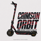 CRIMSON ORBIT Skin für Segway Ninebot MAX G2 – karminrote Bögen, helle Konturen und eigenes Orbit-Emblem auf Schwarz; digitale Designvisualisierung