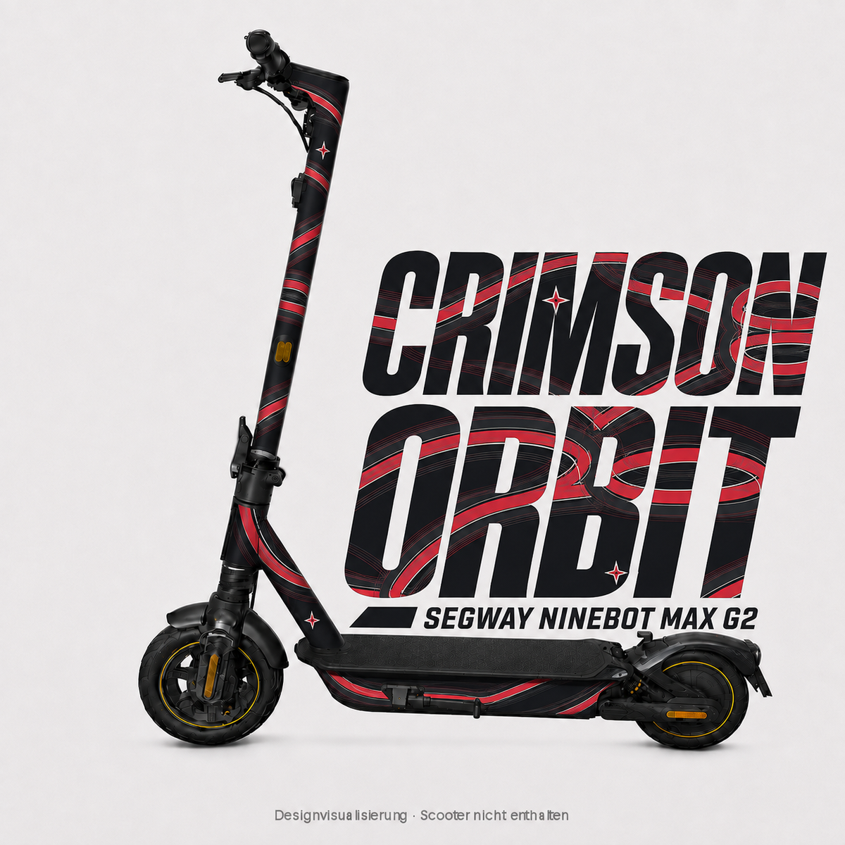 CRIMSON ORBIT Skin für Segway Ninebot MAX G2 – karminrote Bögen, helle Konturen und eigenes Orbit-Emblem auf Schwarz; digitale Designvisualisierung