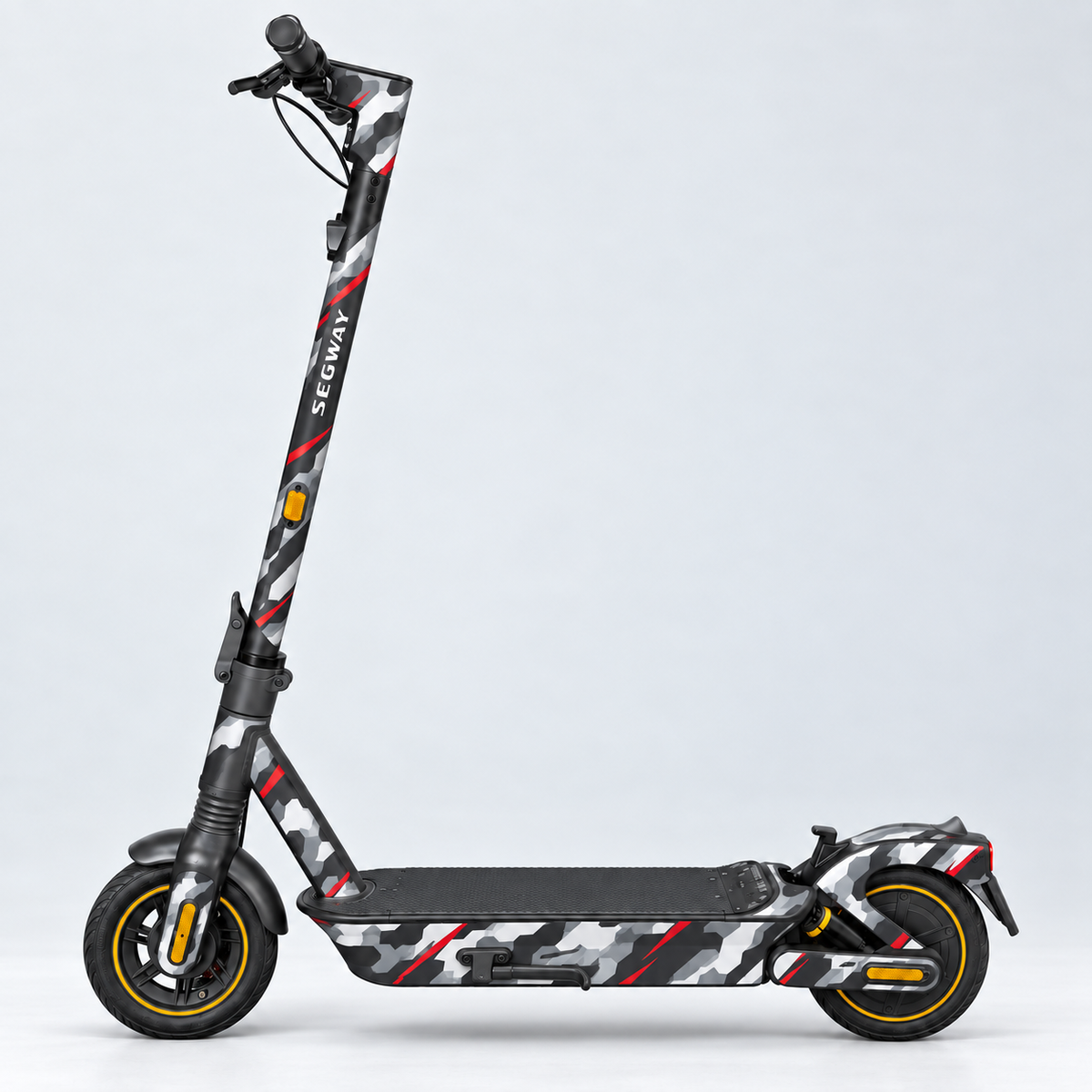 Urban Red Camo – Designvisualisierung des montierten Skins am Segway Ninebot MAX G2. Scooter nicht enthalten.