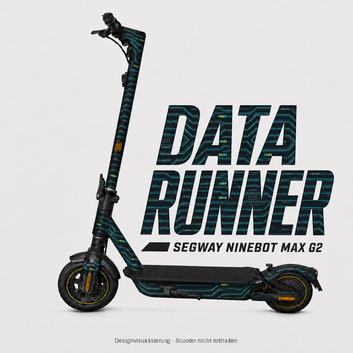 DATA RUNNER Skin für Segway Ninebot MAX G2 – dunkles Circuit-Design mit türkisfarbenen Linien und gelbgrünen Akzenten; digitale Designvisualisierung