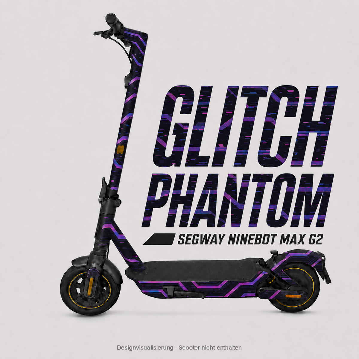 GLITCH PHANTOM Skin in Schwarz mit violetten, magentafarbenen und blauen Fragmenten für Segway Ninebot MAX G2 – digitale Designvisualisierung; Scooter und Trittmatte nicht enthalten