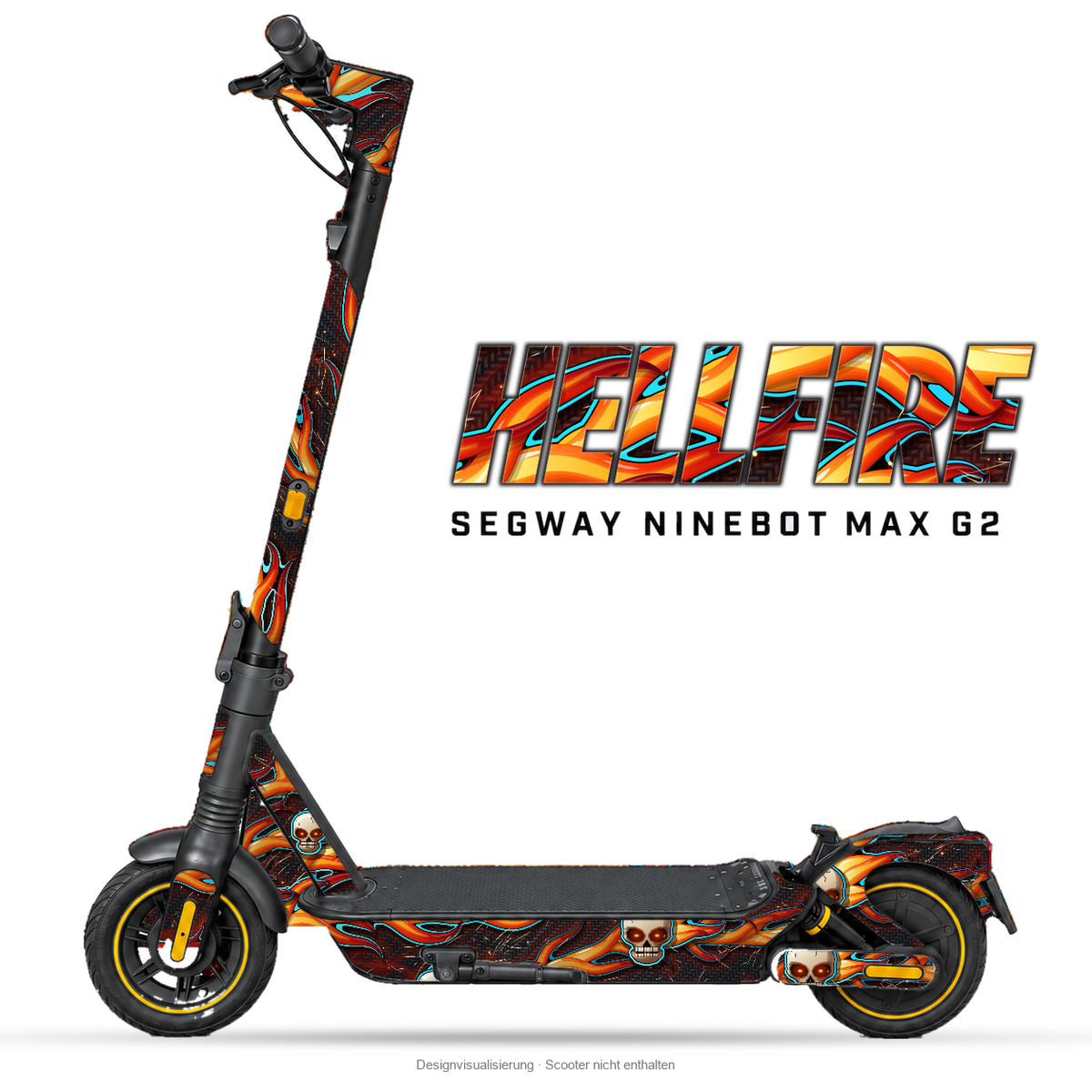 HELLFIRE – Designvisualisierung am Segway Ninebot MAX G2. Scooter nicht enthalten.