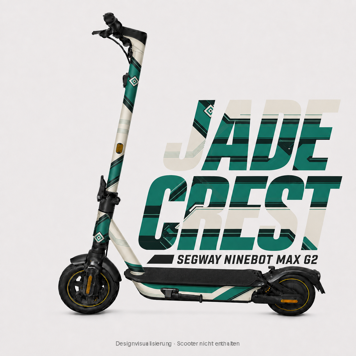JADE CREST Skin für Segway Ninebot MAX G2 – jadegrüne und schwarze Winkelbänder auf Elfenbein mit eigenem Rauten-Emblem; digitale Designvisualisierung