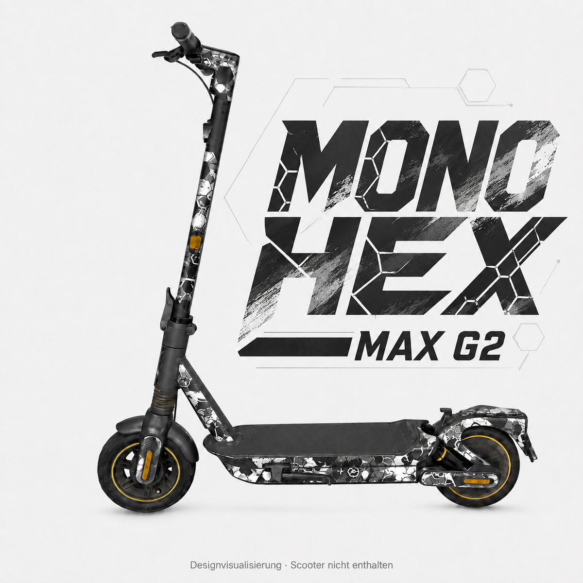 MONO HEX Skin für den Segway Ninebot MAX G2 in Schwarz, Weiß und Grau mit großem individuellem Schriftzug – digitale Designvisualisierung; Scooter und Trittmatte nicht enthalten