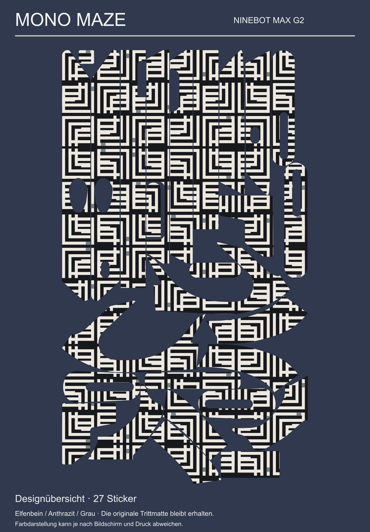 MONO MAZE für NINEBOT MAX G2 – Designübersicht der 27 tatsächlichen Skin-Teile; originale Trittmatte bleibt erhalten.