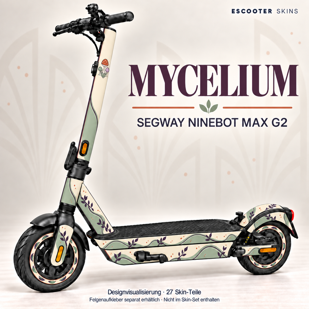 Mycelium am vollständigen Ninebot MAX G2: Pilzmotiv, Salbeibänder und pflaumenfarbene Blattzweige auf Creme. Zwei getrennte Seitenteile und gestaltetes Heckschutzblech; Felgen separat.