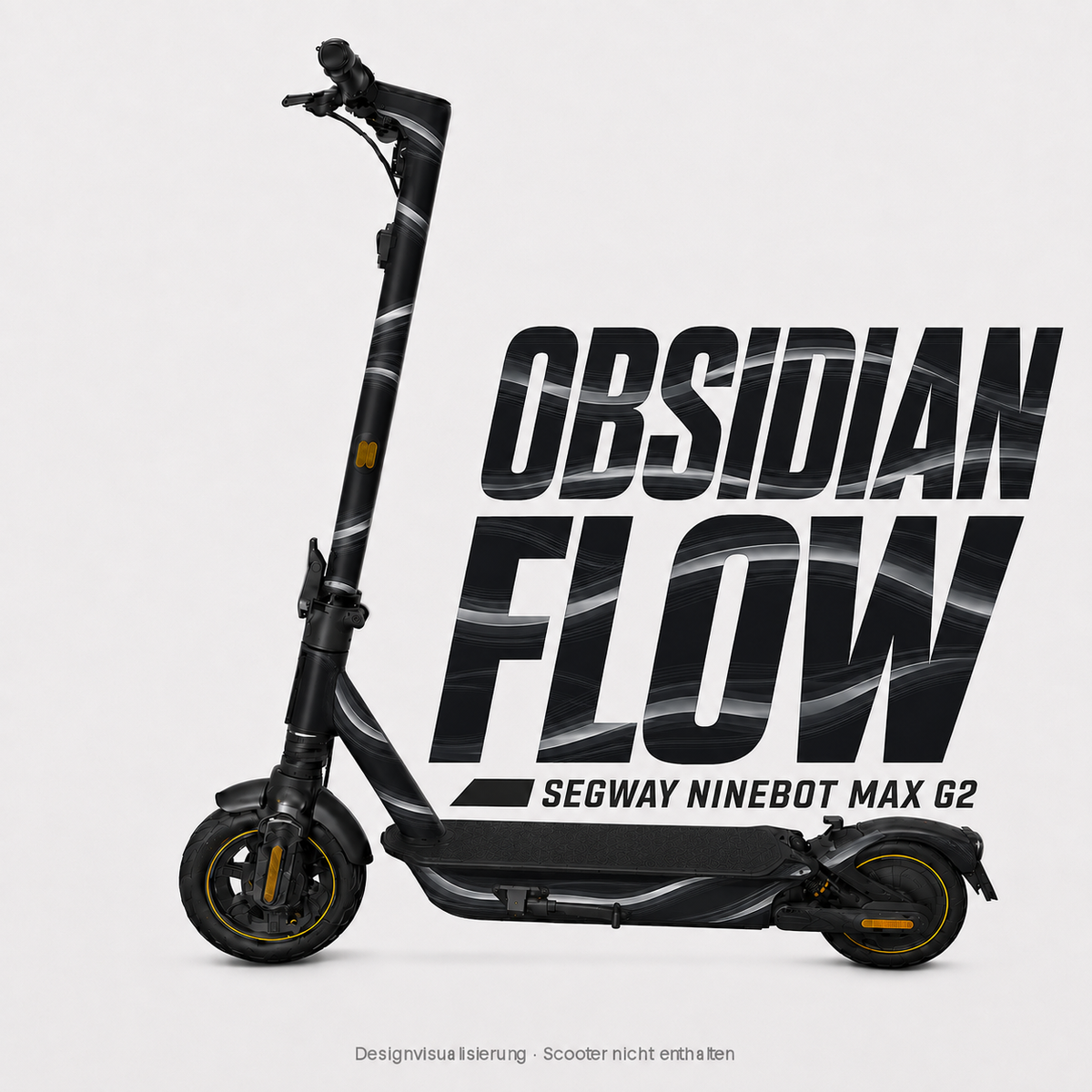 OBSIDIAN FLOW Skin für Segway Ninebot MAX G2 – Schwarz und Graphit mit fließenden silbergrauen Bändern. Digitale Designvisualisierung; Scooter nicht enthalten.
