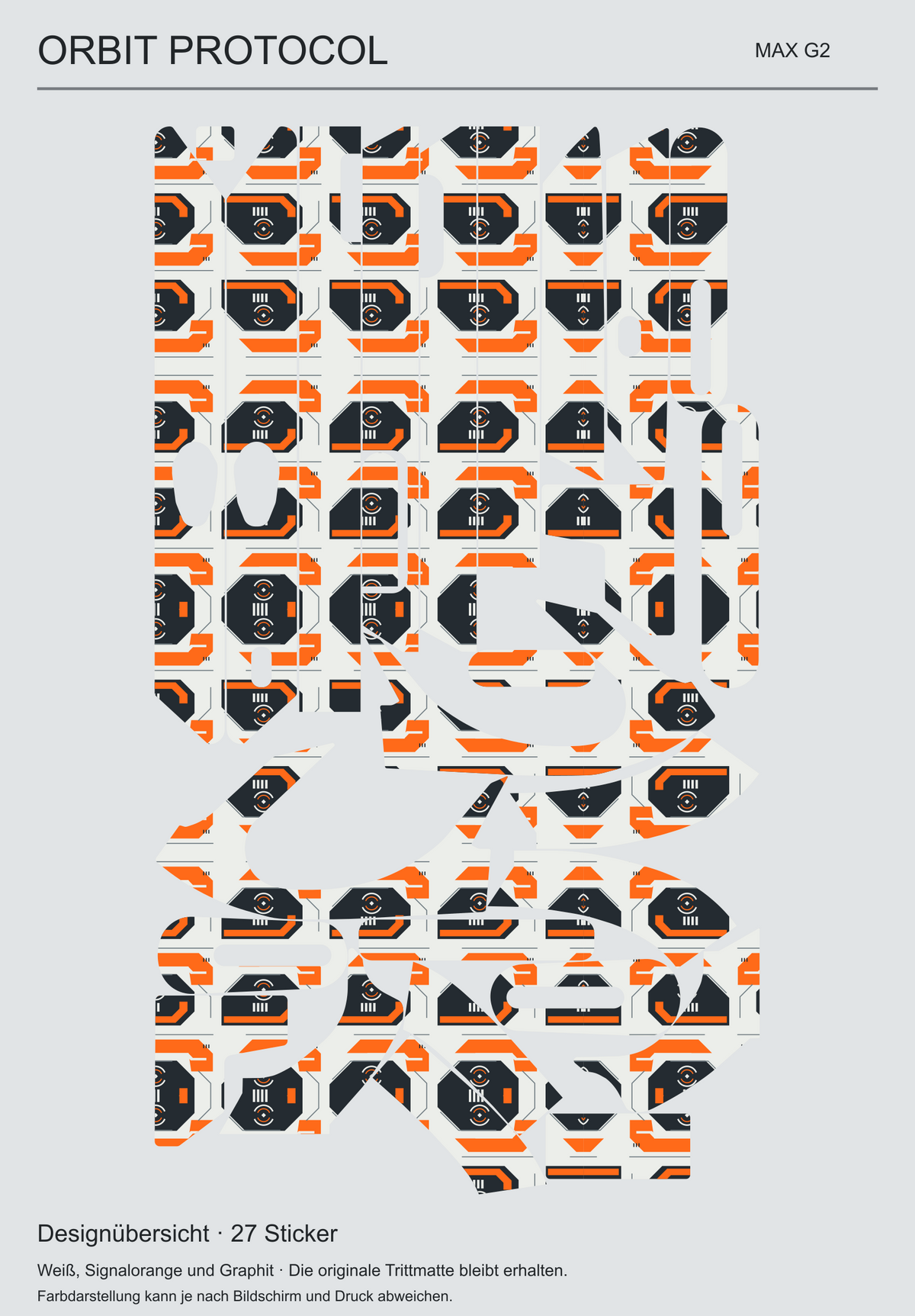 ORBIT PROTOCOL MAX G2 – Übersicht aller 27 Skin-Teile in Weiß, Orange und Graphit.