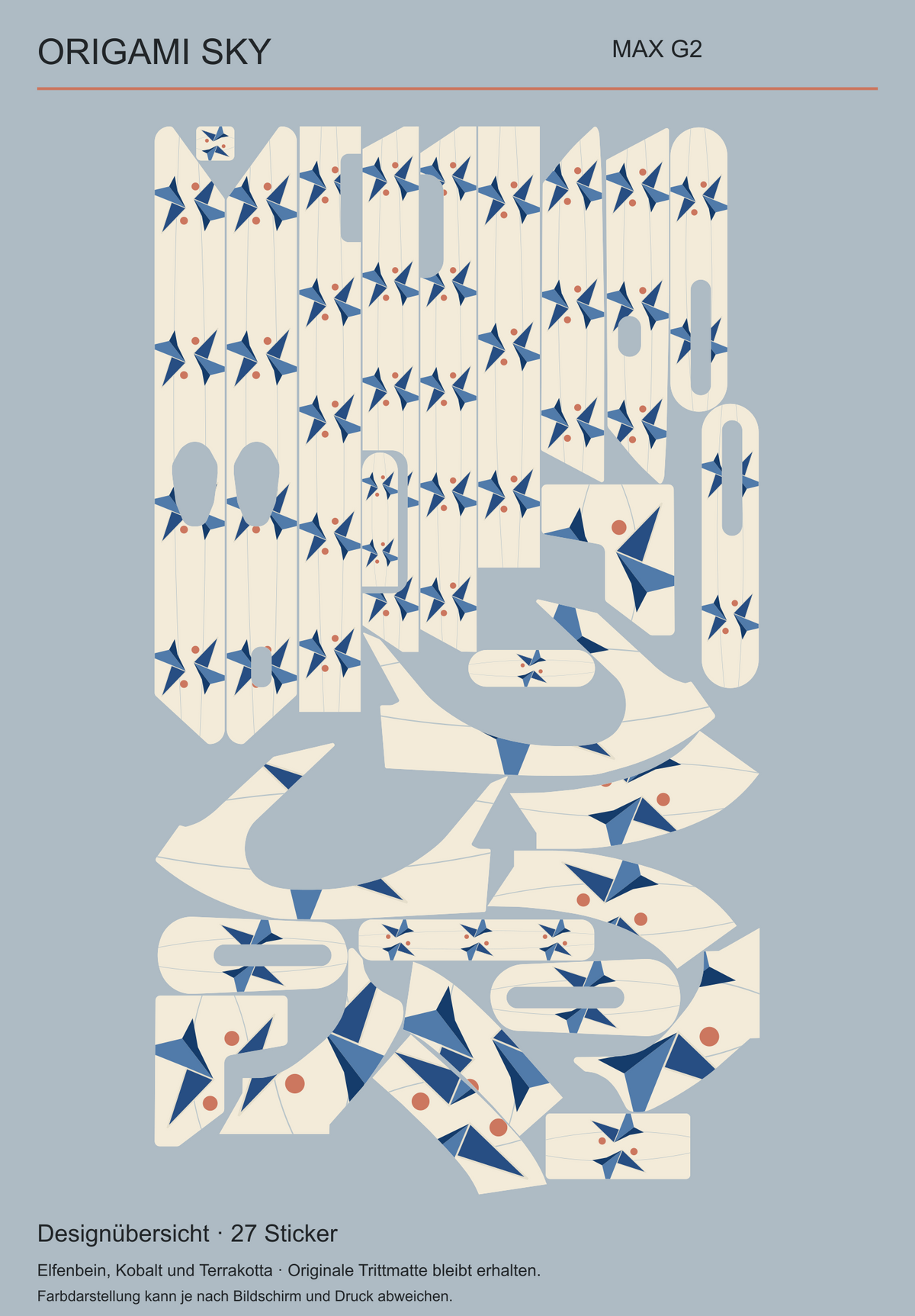 Origami Sky MAX G2 – tatsächliche Gestaltung aller 27 Skin-Teile mit erhaltenen Aussparungen.