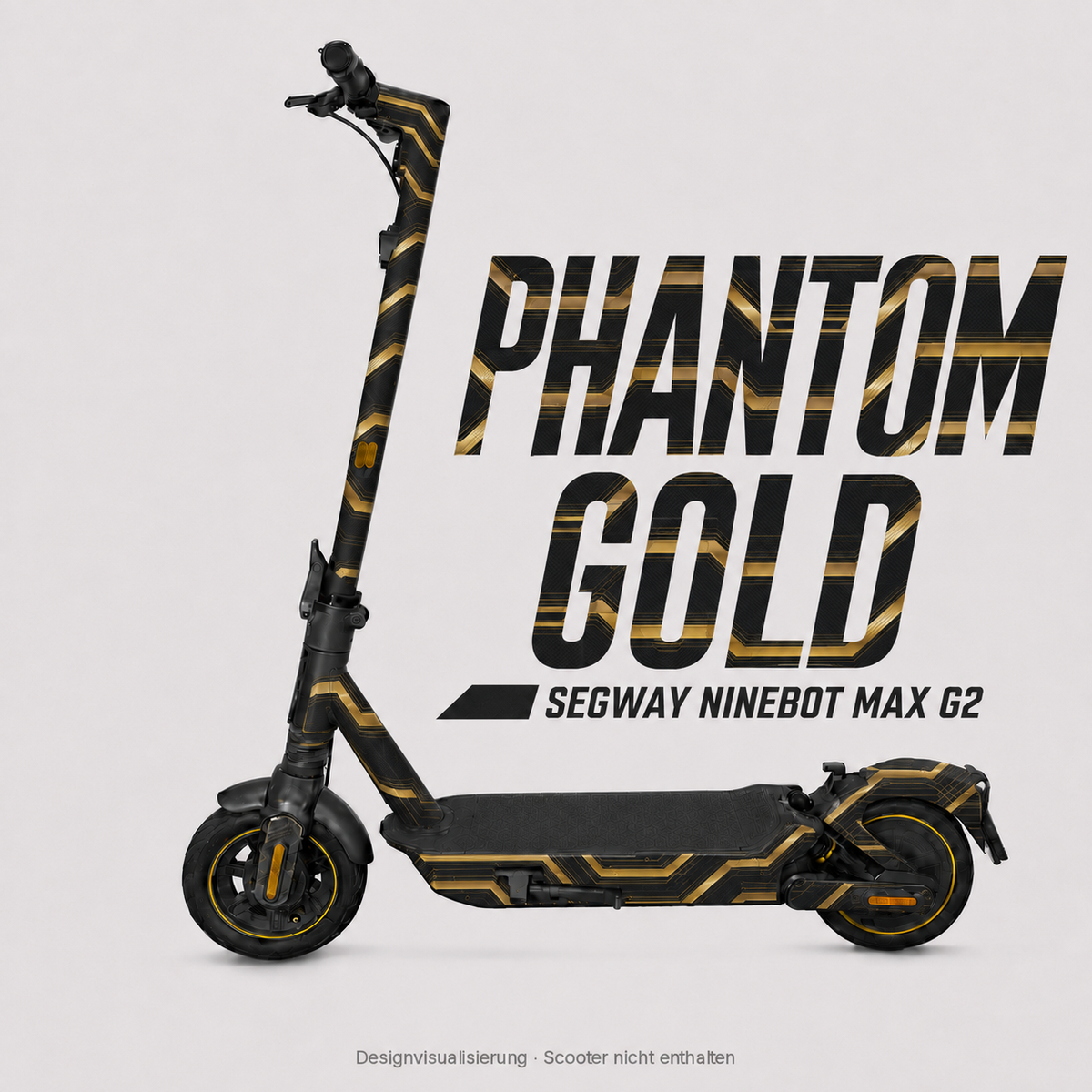 PHANTOM GOLD Skin mit goldfarbenen geometrischen Bändern auf Schwarz für Segway Ninebot MAX G2 – digitale Designvisualisierung; Scooter und Trittmatte nicht enthalten