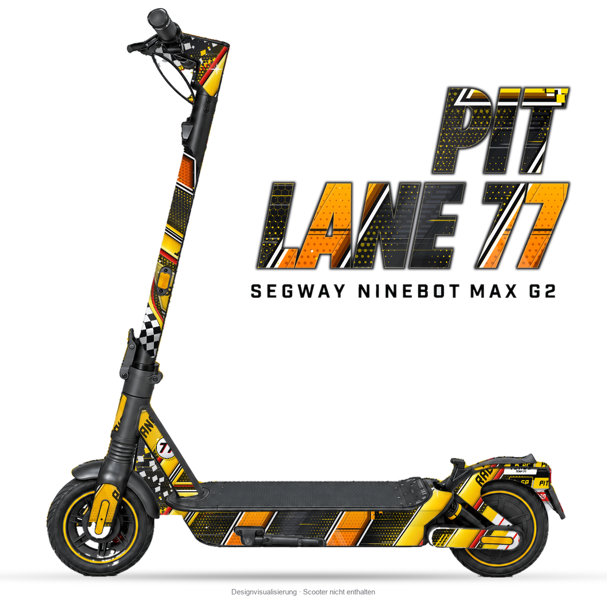 PIT LANE 77 – Designvisualisierung am Segway Ninebot MAX G2. Scooter nicht enthalten.