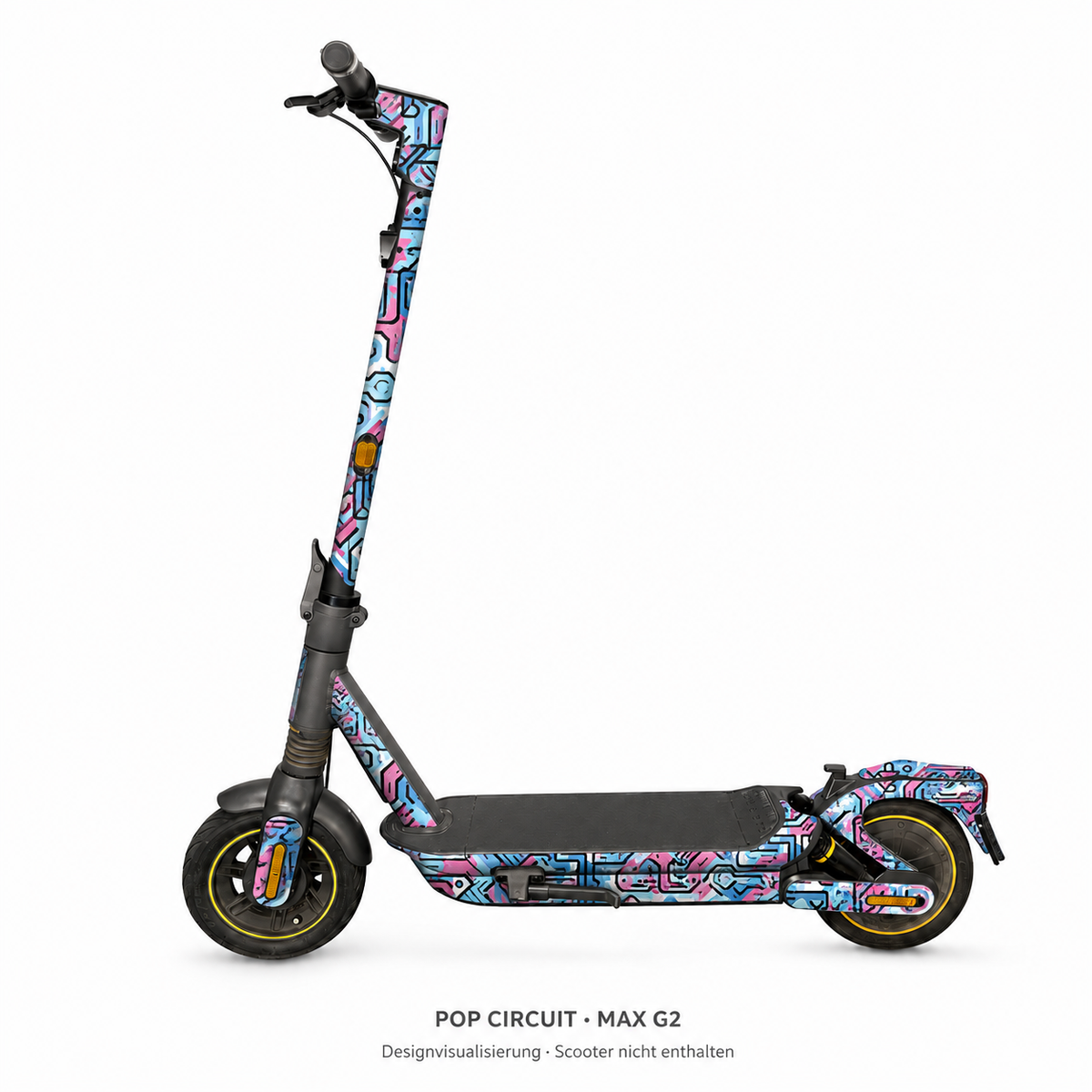 POP CIRCUIT Skin-Design in Pink, Blau, Schwarz und Weiß für den Segway Ninebot MAX G2 – digitale Designvisualisierung; Scooter und Trittmatte nicht enthalten