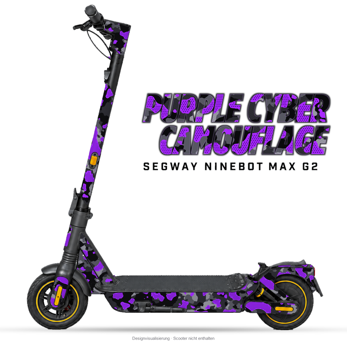 PURPLE CYBER CAMOUFLAGE – Designvisualisierung am Segway Ninebot MAX G2. Scooter nicht enthalten.