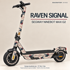 Raven Signal auf Ninebot MAX G2: geometrische Raben in Anthrazit mit weinroten Sonnen auf Sandstein. Originale Trittmatte und Reflektoren frei; Felgen separat.