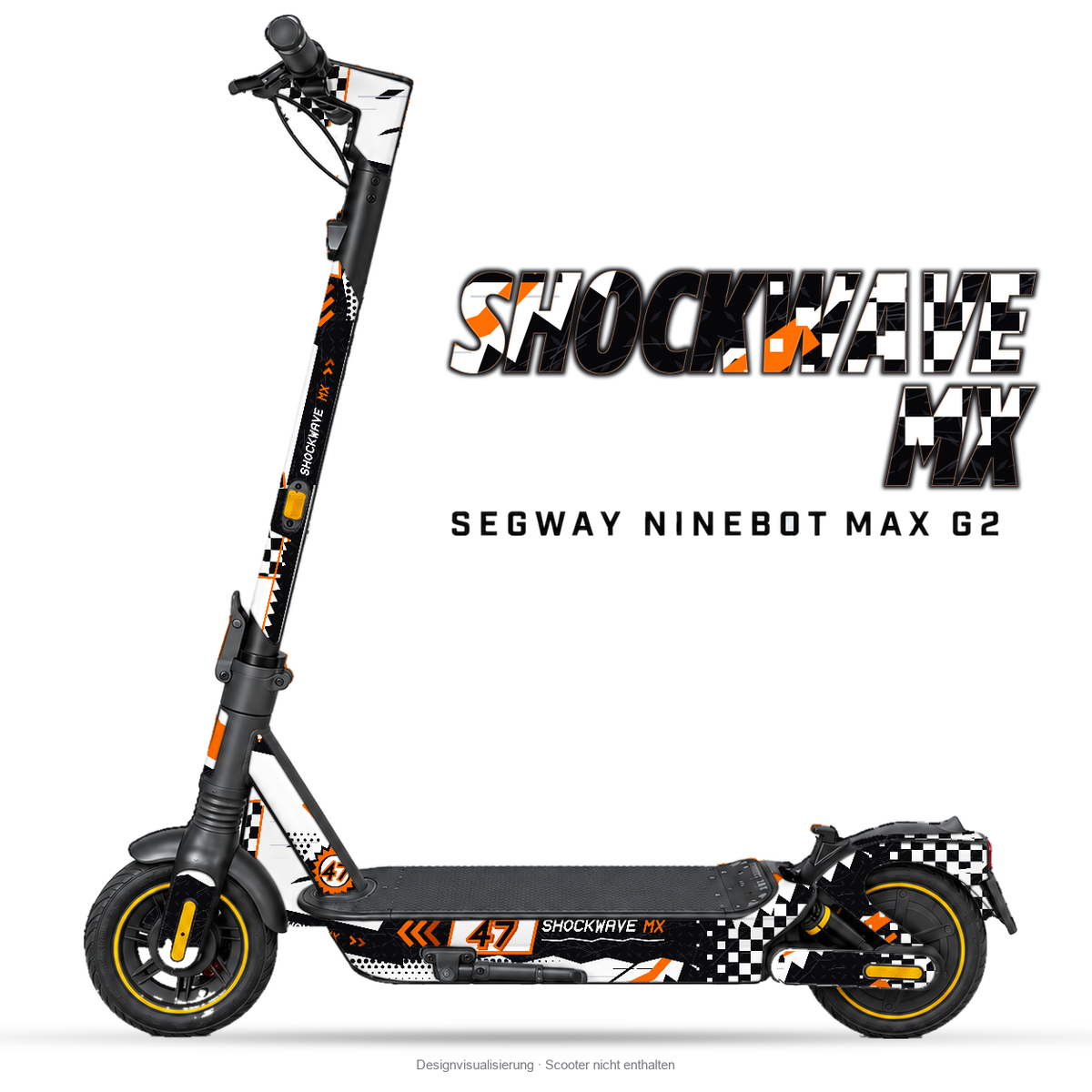 SHOCKWAVE MX – Designvisualisierung am Segway Ninebot MAX G2. Scooter nicht enthalten.