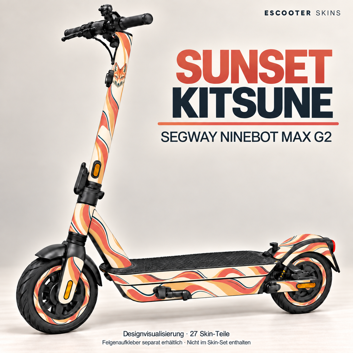 Sunset Kitsune am vollständigen Ninebot MAX G2: Fuchsmotiv und Korall-Pfirsich-Schwünge. Felgenaufkleber separat erhältlich.