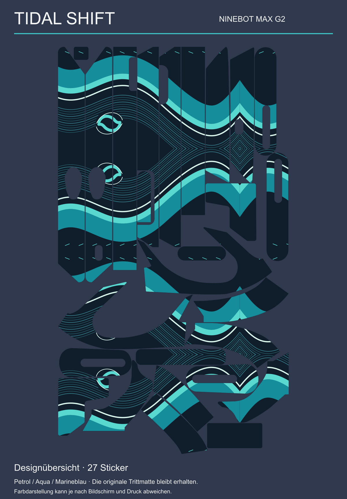 TIDAL SHIFT für Ninebot MAX G2 – Übersicht der 27 originalen Skin-Teile in Petrol, Aqua und Marineblau. Trittmatte nicht enthalten.