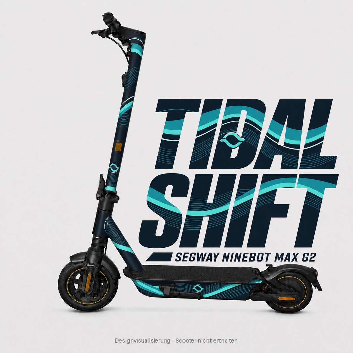 TIDAL SHIFT Skin für Segway Ninebot MAX G2 mit Wellenbändern in Petrol und Aqua auf Marineblau – digitale Designvisualisierung, Scooter nicht enthalten