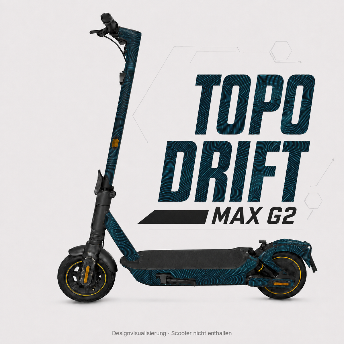 TOPO DRIFT Skin mit türkisen Höhenlinien auf dunklem Petrol für Segway Ninebot MAX G2 – digitale Designvisualisierung; Scooter und originale Trittmatte nicht enthalten