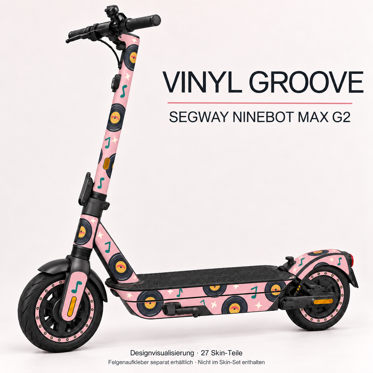 Vinyl Groove auf Ninebot MAX G2 – Altrosa mit Schallplattenmotiven; getrennte Seitenpanels, Originaltrittmatte und passende separate Felgen.