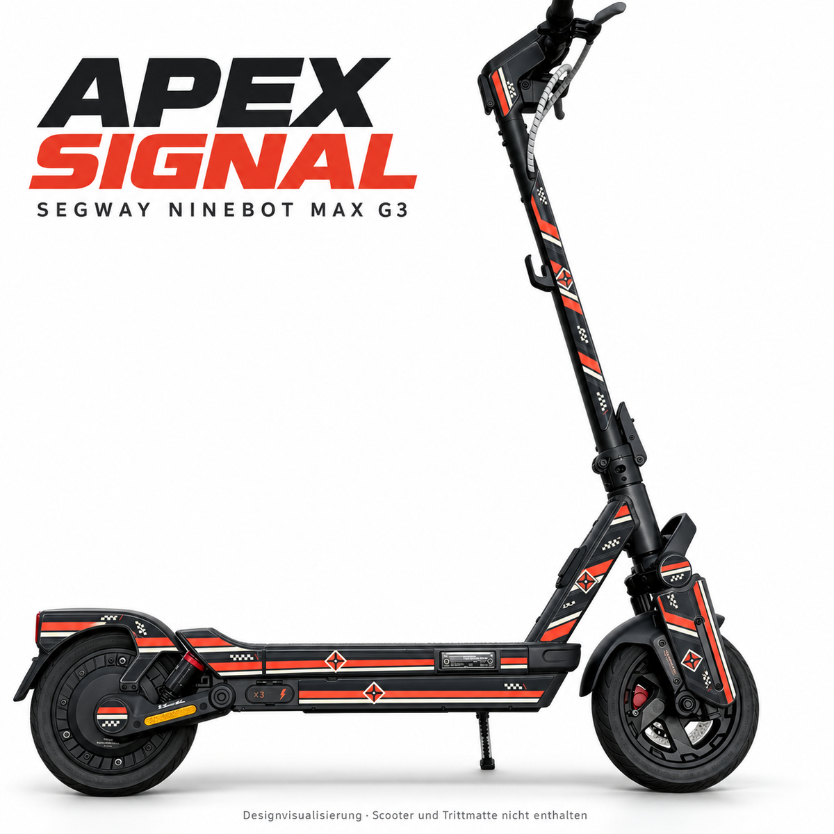 APEX SIGNAL für Ninebot MAX G3 – Designvisualisierung anhand echter Montagefotos, getrennte Seitenstreifen und runde Abdeckungen mit korallroten Racing-Streifen.