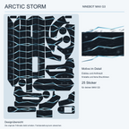 ARCTIC STORM für Ninebot MAX G3 – Übersicht der 25 Originalteile und Detail des eisblauen Motivs. Originale Trittmatte nicht enthalten.