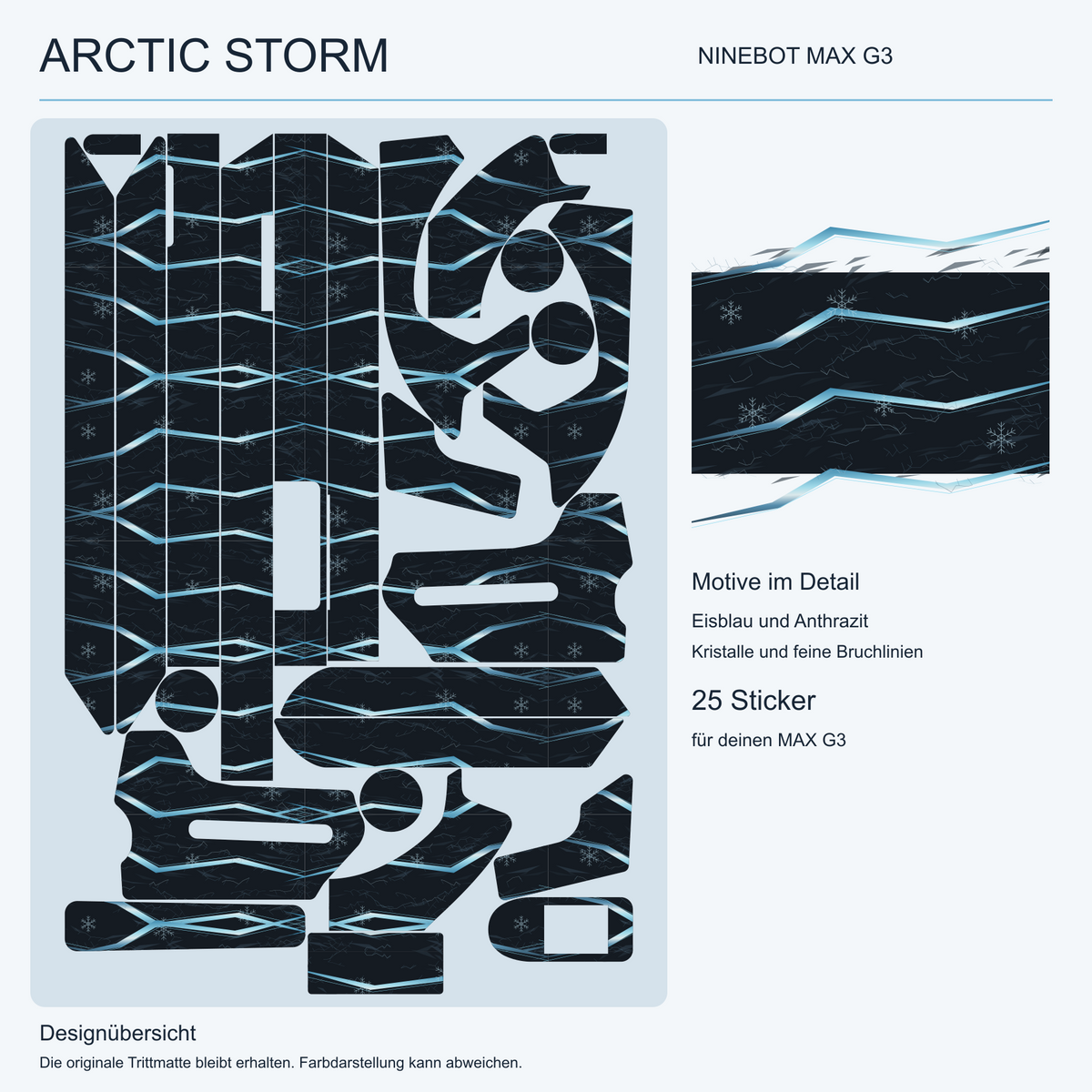 ARCTIC STORM für Ninebot MAX G3 – Übersicht der 25 Originalteile und Detail des eisblauen Motivs. Originale Trittmatte nicht enthalten.