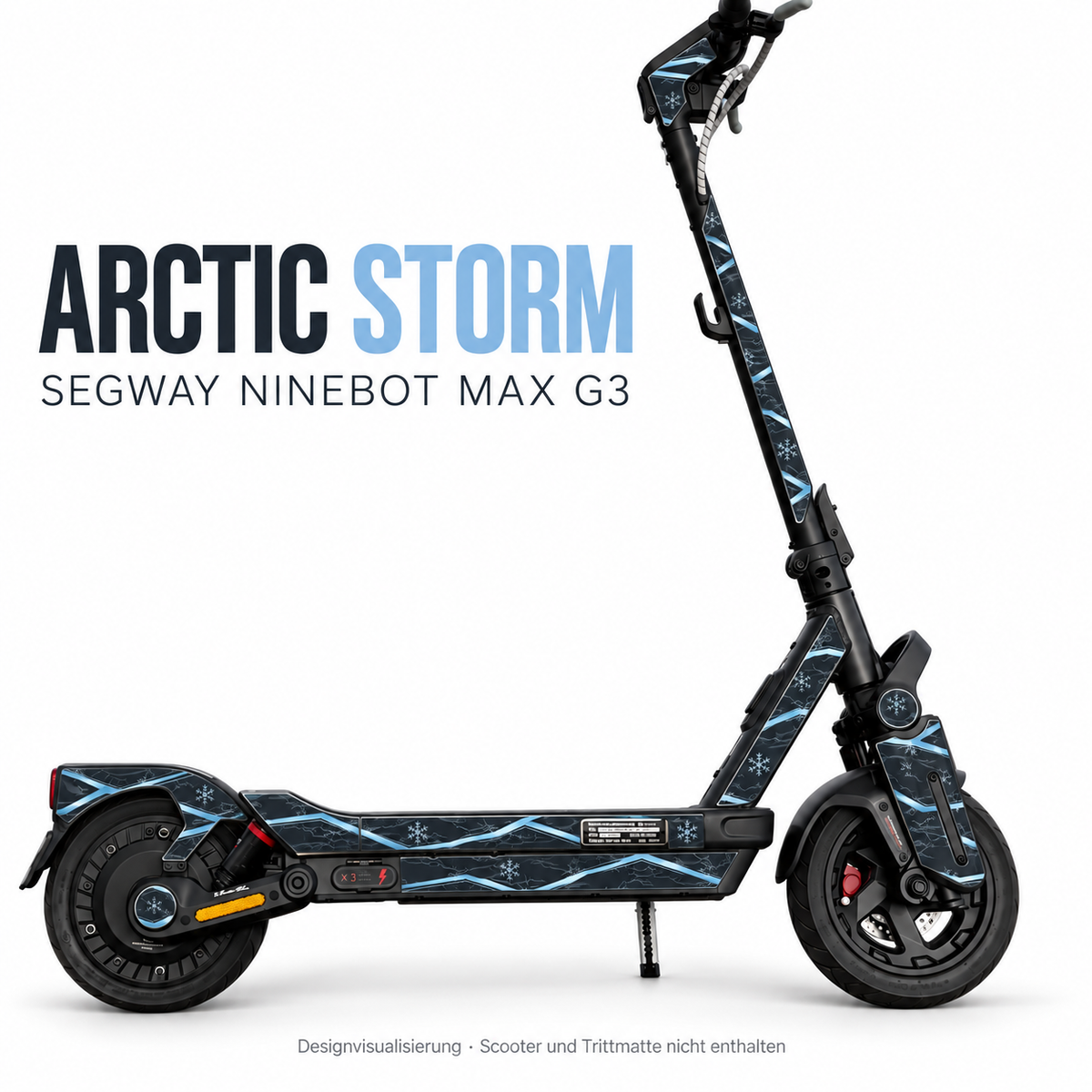 ARCTIC STORM für Segway Ninebot MAX G3: getrennte obere und untere Seitenstreifen, freie schwarze Rahmenflächen und Aussparungen, runde Abdeckungen mit Eismotiv. Digitale Designvisualisierung anhand realer Montagefotos; Scooter und Trittmatte nicht enthalten.