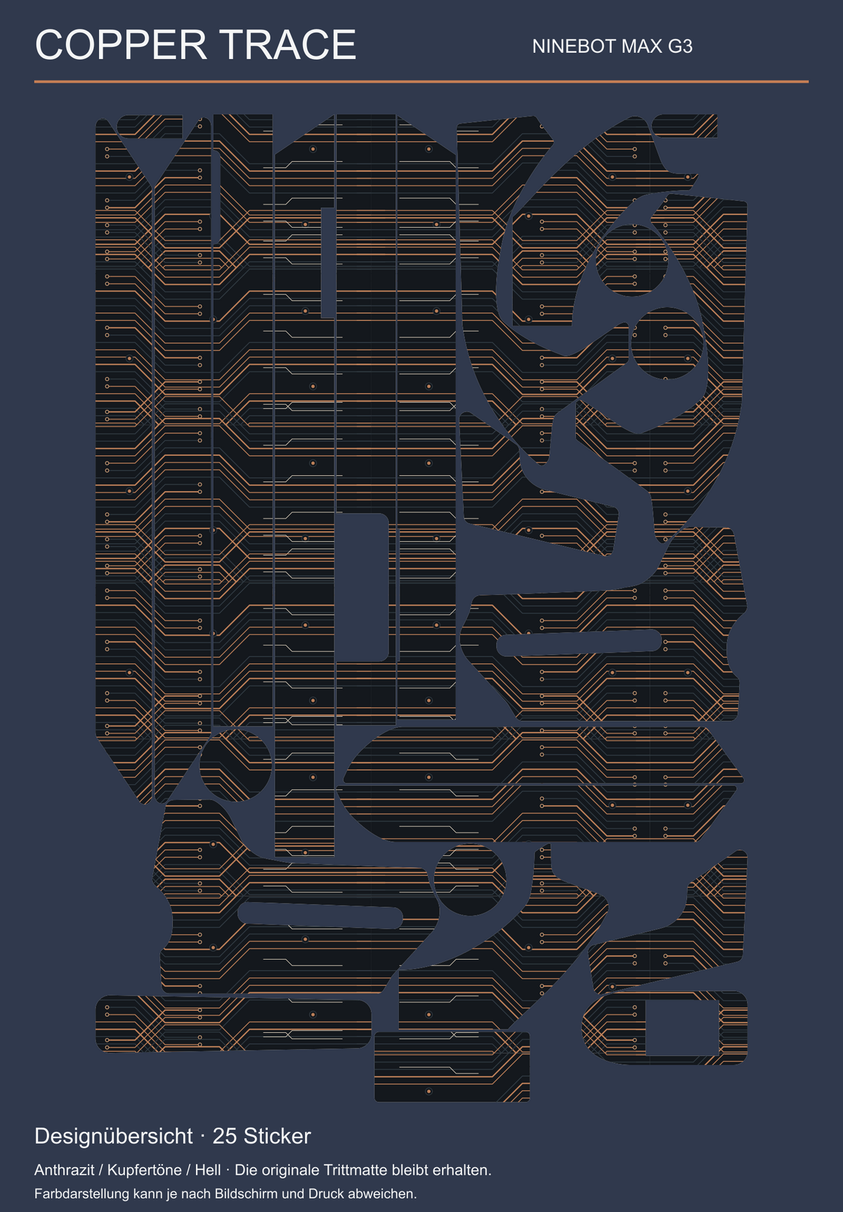 COPPER TRACE für NINEBOT MAX G3 – Designübersicht der 25 tatsächlichen Skin-Teile; originale Trittmatte bleibt erhalten.