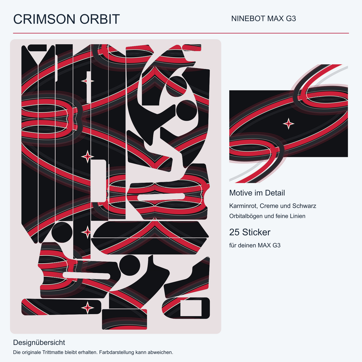 CRIMSON ORBIT MAX G3 – Übersicht der 25 Skin-Originalformen mit drei Aussparungen und Motivdetail in Karminrot, Creme und Schwarz. Originale Trittmatte bleibt erhalten.