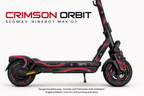 CRIMSON ORBIT für Segway Ninebot MAX G3 – karminrote Orbitalbögen auf getrennten Verkleidungsflächen, passende Felgenoptik. Digitale Designvisualisierung; Scooter, Trittmatte und Felgenaufkleber nicht im Lieferumfang enthalten.