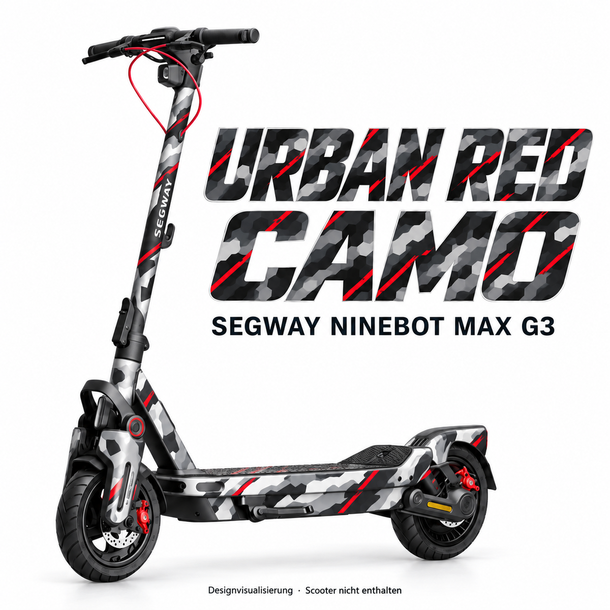 SEGWAY NINEBOT G3 SKIN | URBAN RED CAMO – Designvisualisierung am passenden Scooter. Scooter nicht enthalten.