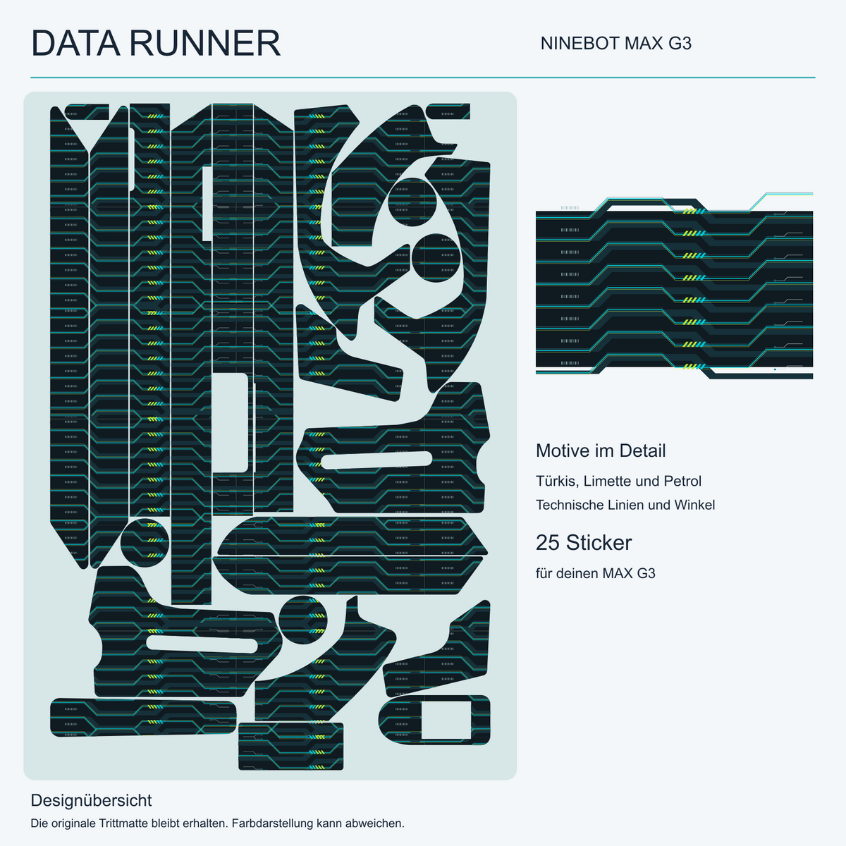 DATA RUNNER für Ninebot MAX G3 – Übersicht der 25 Originalteile und Motivdetail in Türkis, Limette und Petrol. Originale Trittmatte nicht enthalten.