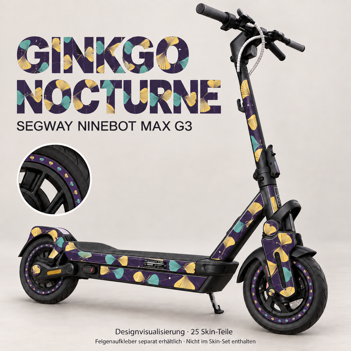 Ginkgo Nocturne für Ninebot MAX G3 – Ginkgoblätter auf Pflaume, getrennte Seitenteile und schwarze Trittmatte. Felgen separat.