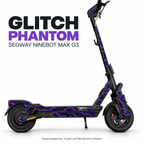 GLITCH PHANTOM für Segway Ninebot MAX G3 – Designvisualisierung anhand echter Montagefotos, getrennte Seitenstreifen und runde Abdeckungen mit violettem Glitch-Motiv.