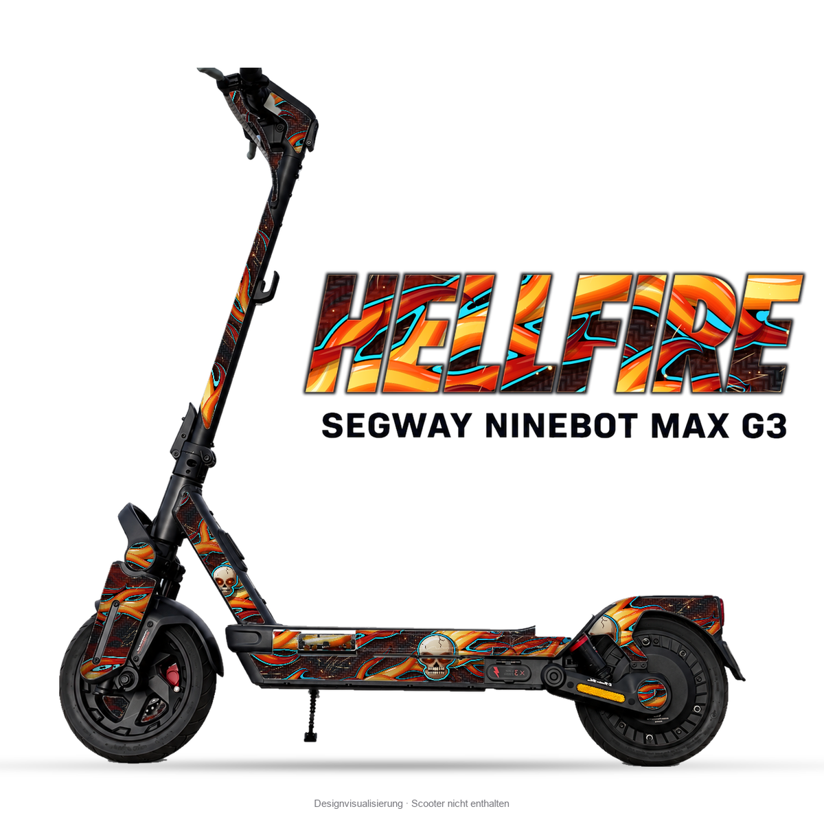 HELLFIRE – Designvisualisierung am Segway Ninebot MAX G3. Scooter nicht enthalten.