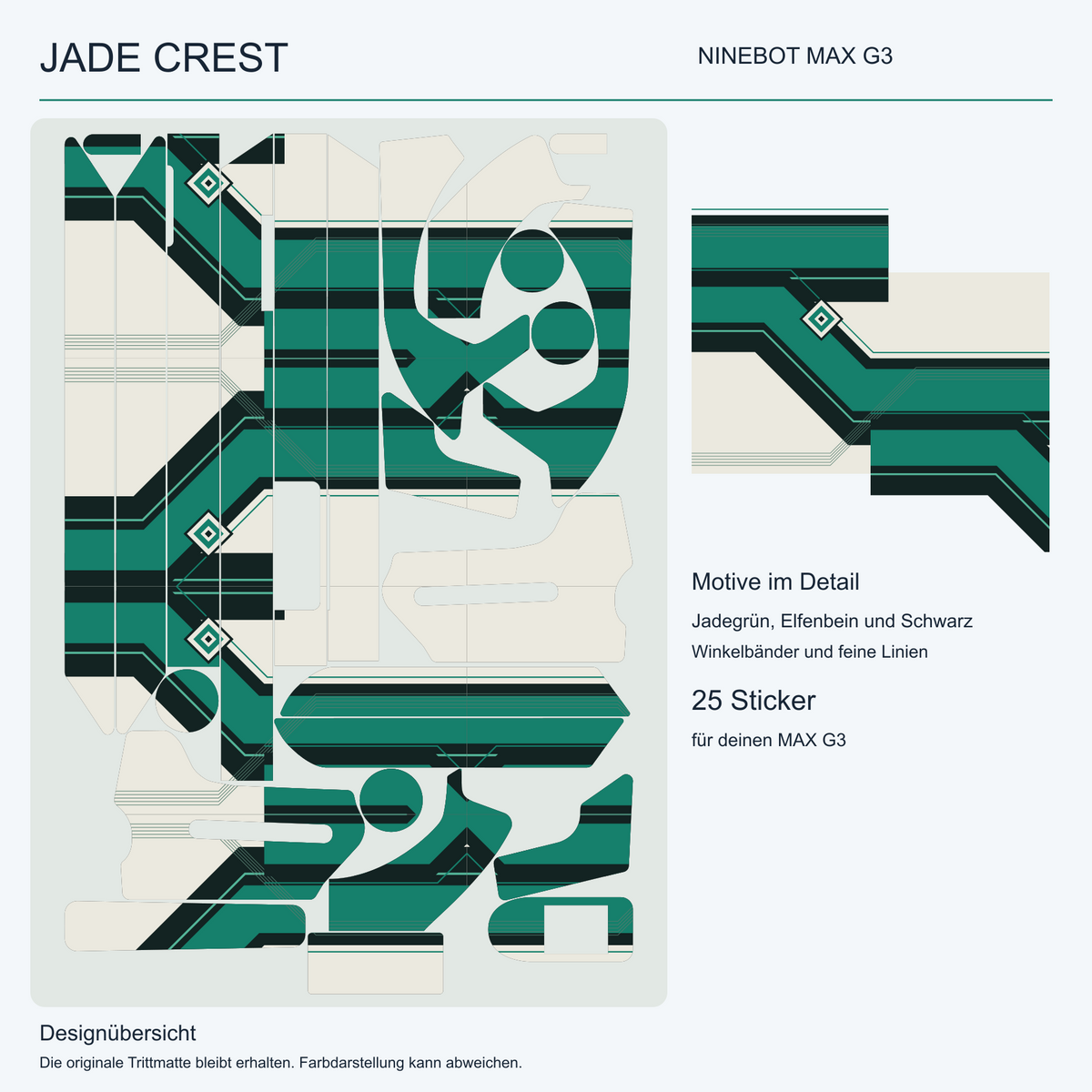 JADE CREST MAX G3 – Übersicht der 25 Originalformen mit drei Aussparungen und Motivdetail in Jadegrün, Elfenbein und Schwarz. Originale Trittmatte bleibt erhalten.